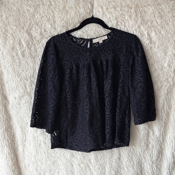 LOFT Midnight Navy Blue Lace Blouse - Picture 1 of 10